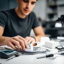 Leiter Entwicklung mit Prototypen und Messwerkzeugen an einem Arbeitstisch