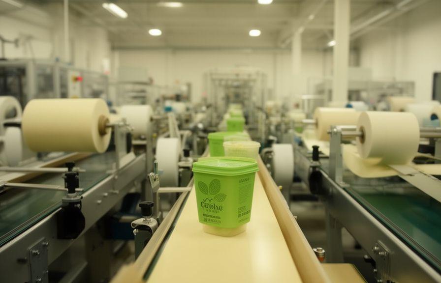 Produktionslinie mit nachhaltigen Verpackungscontainern und Materialrollen in einer hellen Anlage