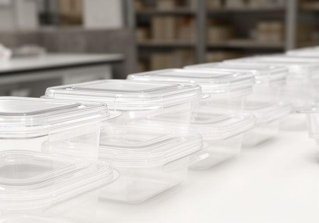 Transparente Lebensmittelbehälter in Reihung mit aufgesteckten Deckeln in einem hellen Lagerbereich