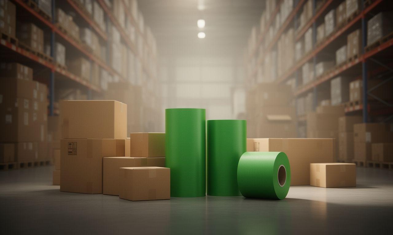 Grüne Verpackungsrollen und sortierte Versandkartons in einem modernen Lager in Zürich