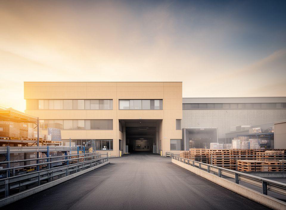 Modernes Zürcher Logistikgebäude mit Verpackungslinien und Palettenbereich im warmen Abendlicht