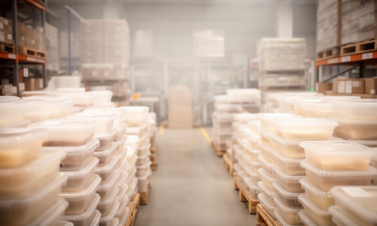 Moderne Lebensmittelverpackungen in einem Zürcher Distributionslager mit sortierten Behältern und sauberer Kommissionierung