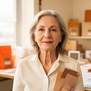 Geschäftsführerin in einem hellen Büro mit Verpackungsmustern und Notizen