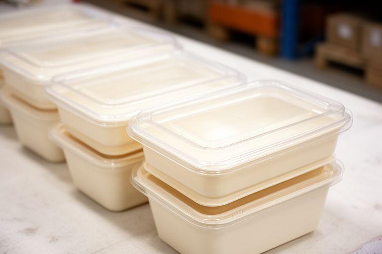 Stapelbare Verpackungsbehälter mit transparenten Deckeln, präzise ausgerichtet auf einem Arbeitstisch