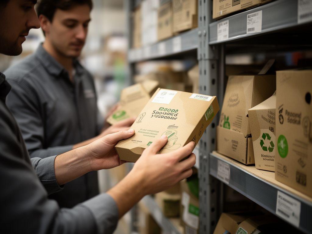 Mitarbeitende prüfen nachhaltige Lebensmittelverpackungen neben Regalen mit recycelten Versandlösungen