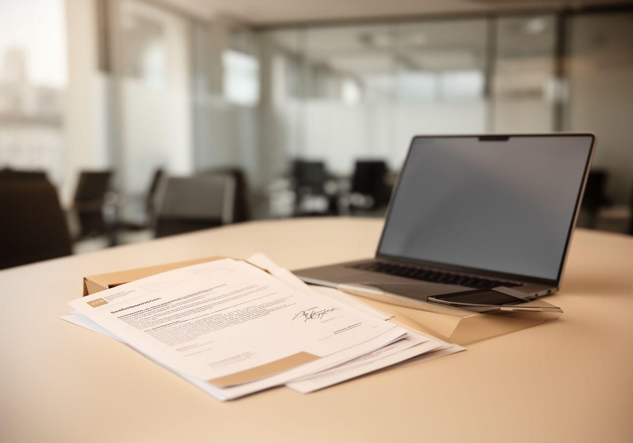 Druckfrische Verpackungsdokumente und ein Laptop auf einem Besprechungstisch in einem modernen Zürcher Büro