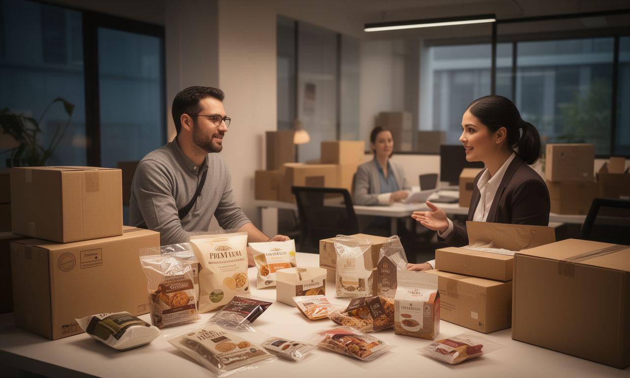 Beratungsszene in einem modernen Verpackungsbüro mit Mustern und Versandkartons