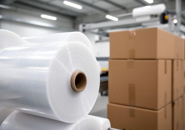 Rollen von Lebensmittel-Folien in einer Verpackungszone mit sauber gestapelten Kartons