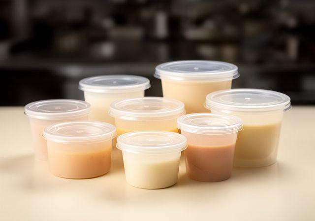 Mehrere Lebensmittelbecher in unterschiedlichen Grössen mit klaren Deckeln auf einem Arbeitstisch