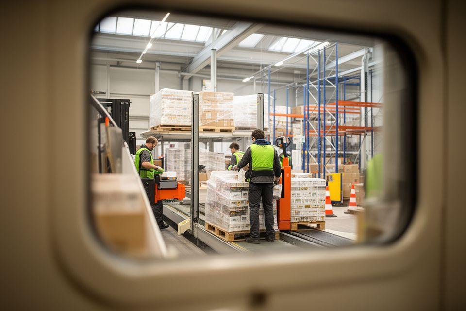 Logistikteam bei der Verladung von Lebensmittelverpackungen in einer modernen Schweizer Umschlaghalle