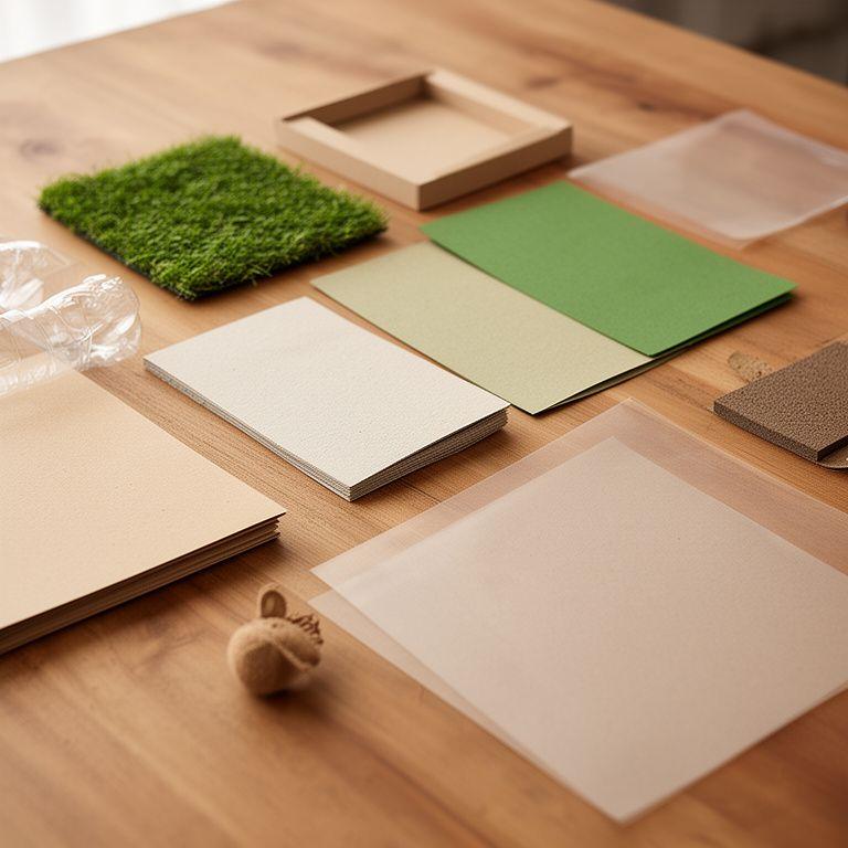 Auswahl nachhaltiger Verpackungsmaterialien mit r-PET, Graspapier und kompostierbaren Folien auf einem Holztisch