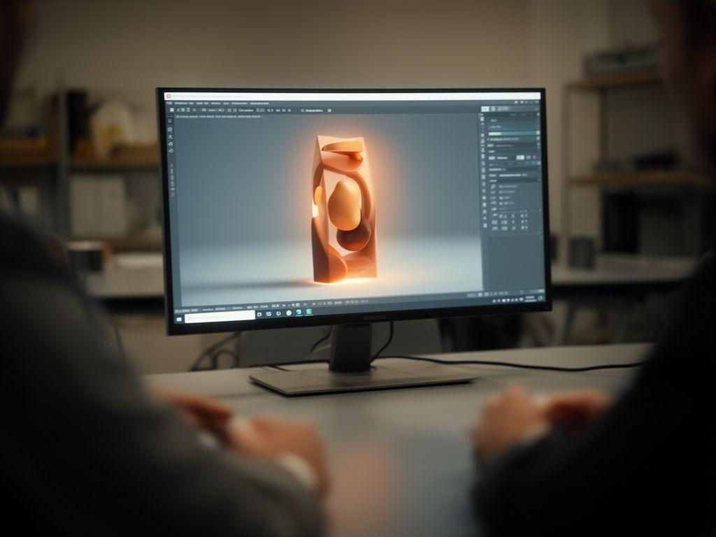 3D-Ansicht einer individuell gestalteten Lebensmittelverpackung auf einem Monitor im Besprechungsraum