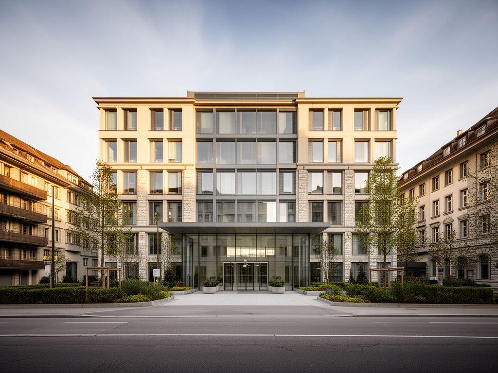 Aussenansicht des Hauptsitzes in Zürich mit moderner Fassade und klar beschildertem Eingang