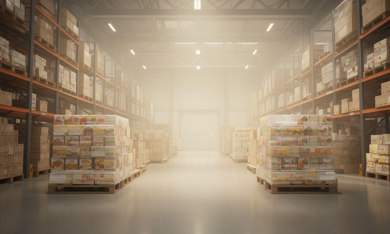 Modernes Lager mit gestapelten Lebensmittelverpackungen und sauberer Kommissionierzone in Zürich