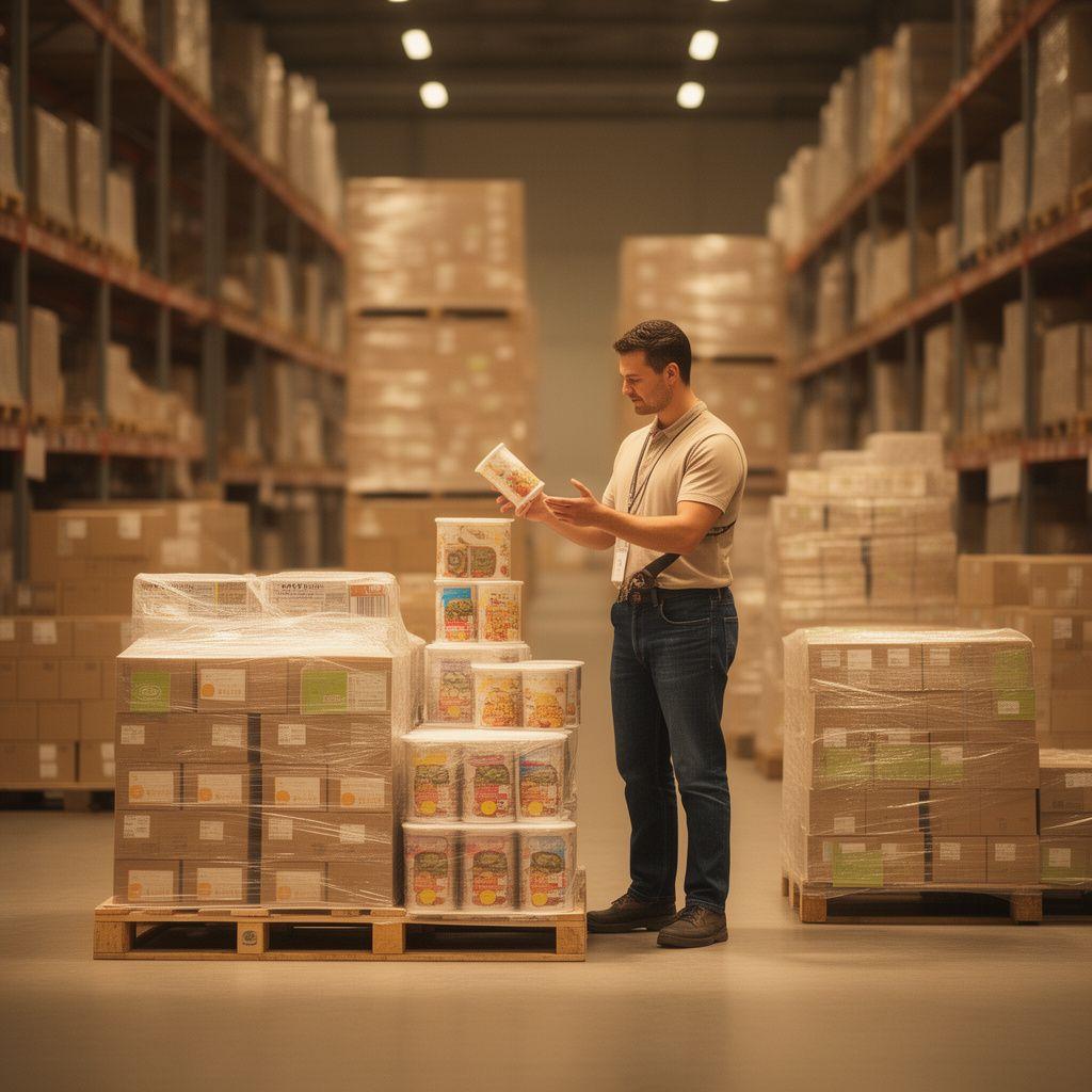 Logistikfachkraft prüft versiegelte Lebensmittelbehälter neben Paletten im warm beleuchteten Verteilzentrum
