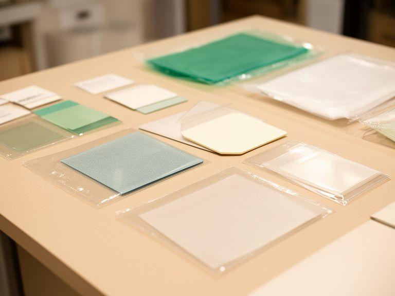 Technische Materialmuster von PET, PP und nachhaltigen Verpackungsproben auf einem sauber arrangierten Tisch